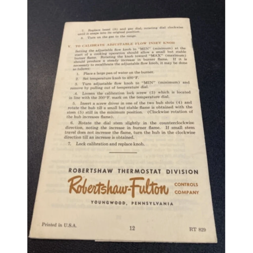 Vtg Robertshaw Thermal Eye Range Thermostat Instruction Cooking Suggestion Table